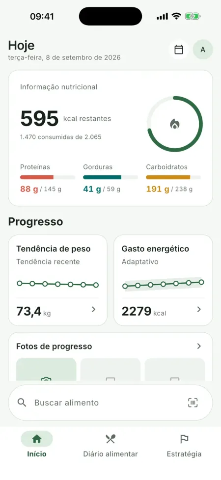 Tela Hoje do BoraFit, com resumo de calorias, proteínas, gorduras e carboidratos.